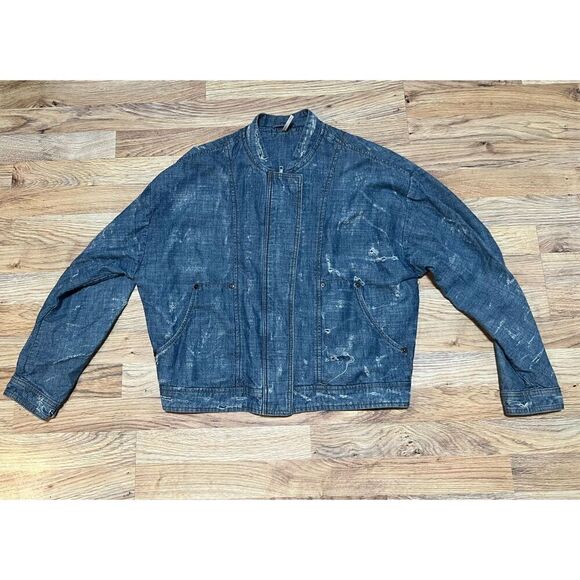Free People Tattered Tennis Bomber Zip & Snap Front Distressed Jacket M - Picture 12 of 12